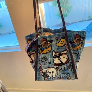 Cartoon Print Denim Tote Bag